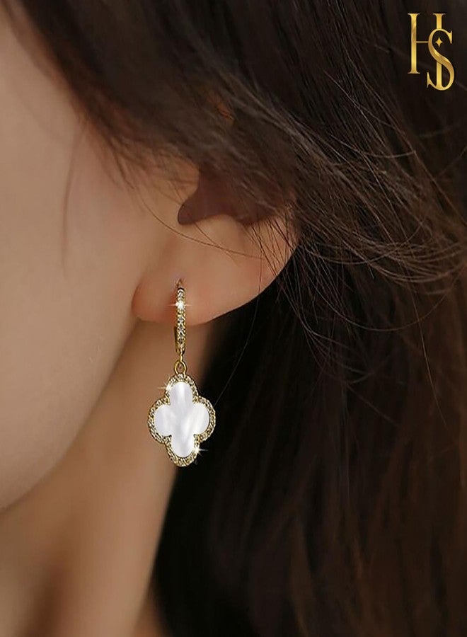 HighSpark Huggie Hoop Clover Earrings for Women | Mother of Pearl Clover Dangle Hoop Earrings | Lovely Gift - White - Image 3